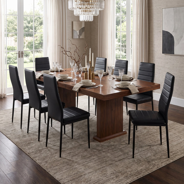 [Black | Set of 8] PU Leather Dining Chairs Set of 8 Black Upholstered High Back Dining Chairs with Walnut Effect Dining Table