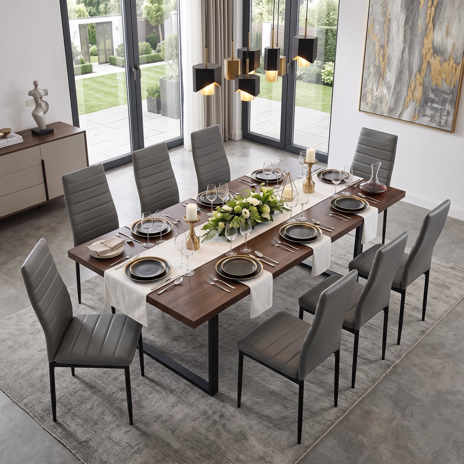 [Grey | Set of 8] PU Leather Dining Chairs Set of 8 Grey Upholstered High Back Dining Chairs with Walnut Effect Dining Table