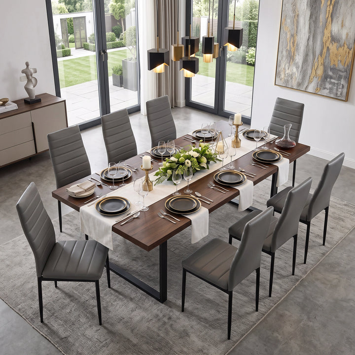 [Grey | Set of 8] PU Leather Dining Chairs Set of 8 Grey Upholstered High Back Dining Chairs with Walnut Effect Dining Table