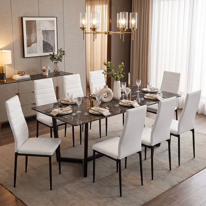 [White | Set of 8] PU Leather Dining Chairs Set of 8 White Upholstered High Back Dining Chairs with Black Marble Effect Dining Table