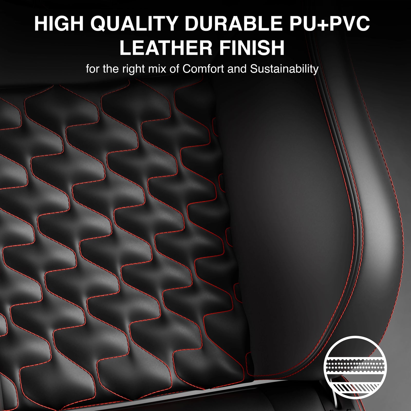 [Black] Black leather seat cover with red stitching and text about high-quality durable PU+PVC finish.