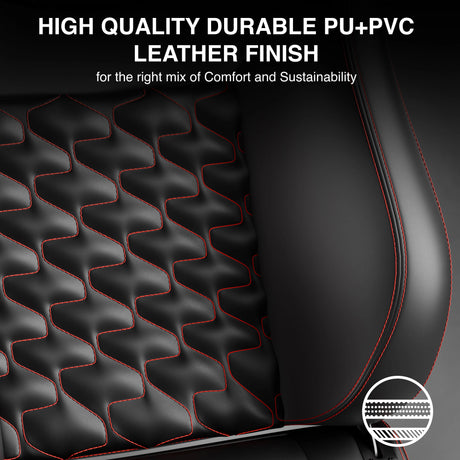 Black leather seat cover with red stitching and text about high-quality durable PU+PVC finish.
