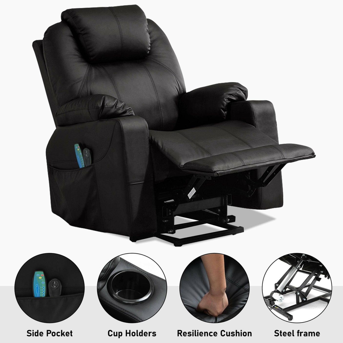 Electric Recliner Chair For Elderly with side pockets, cup holders, resilience cushion, and steel frame for enhanced support and convenience.