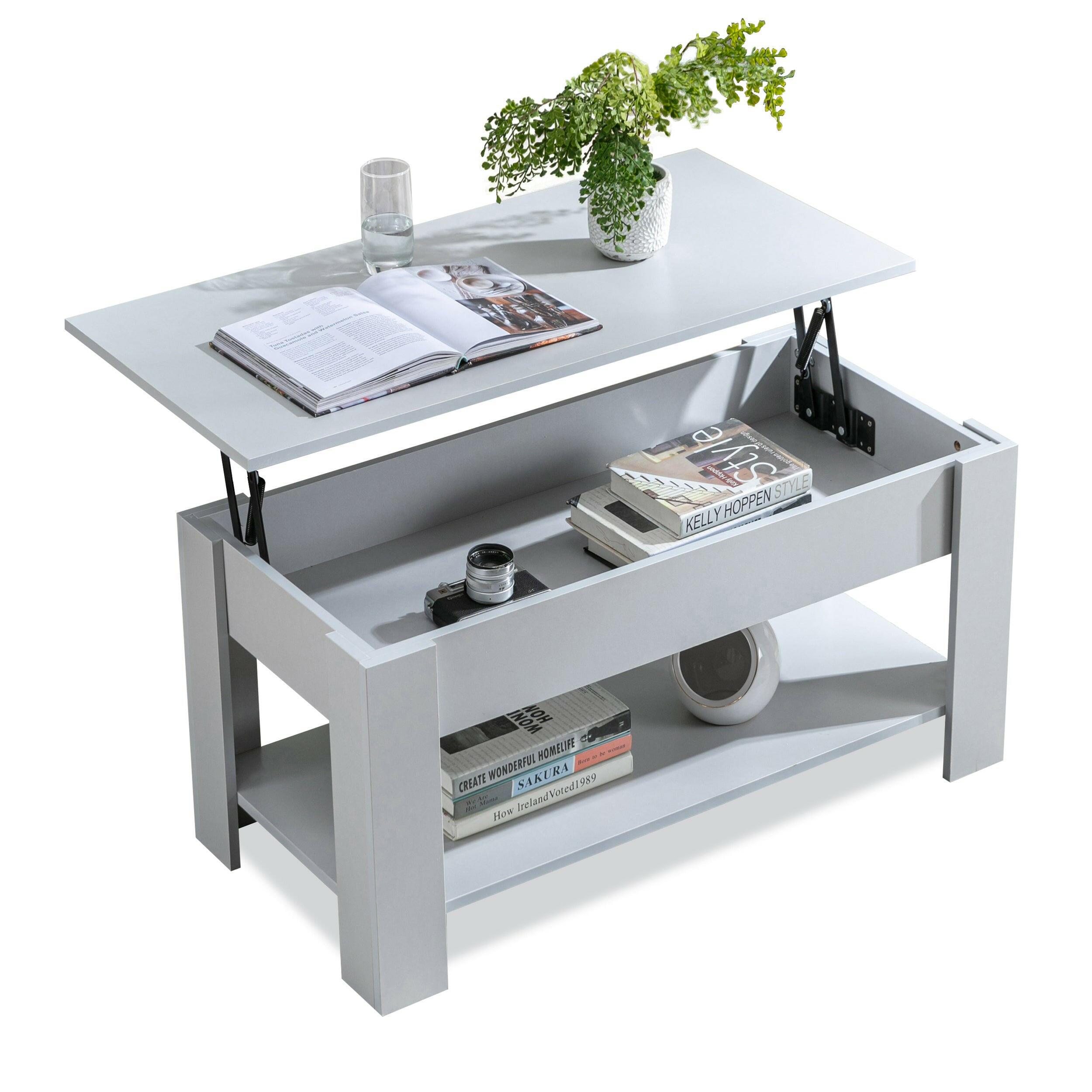 Pull-up coffee table with grey finish, storage space, and adjustable top for convenience