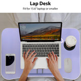 Purple laptop table fits laptops up to 15.6 inches, ideal for any workspace.