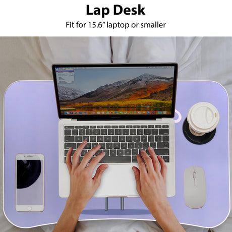 Purple laptop table fits laptops up to 15.6 inches, ideal for any workspace.