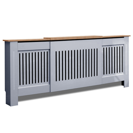 Radiator cover adjustable in grey with slatted design.