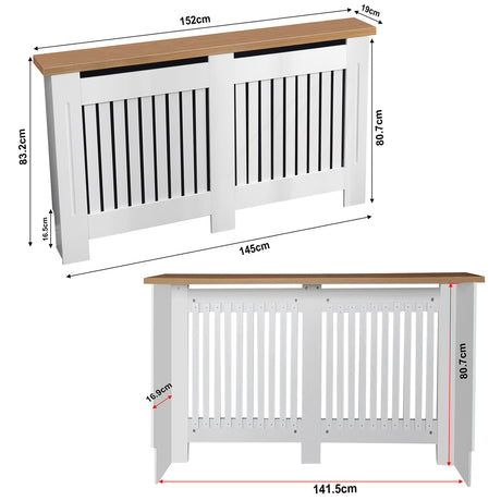 radiator cover for bedroom with slatted design, dimensions 78cm x 152cm x 19cm, modern.