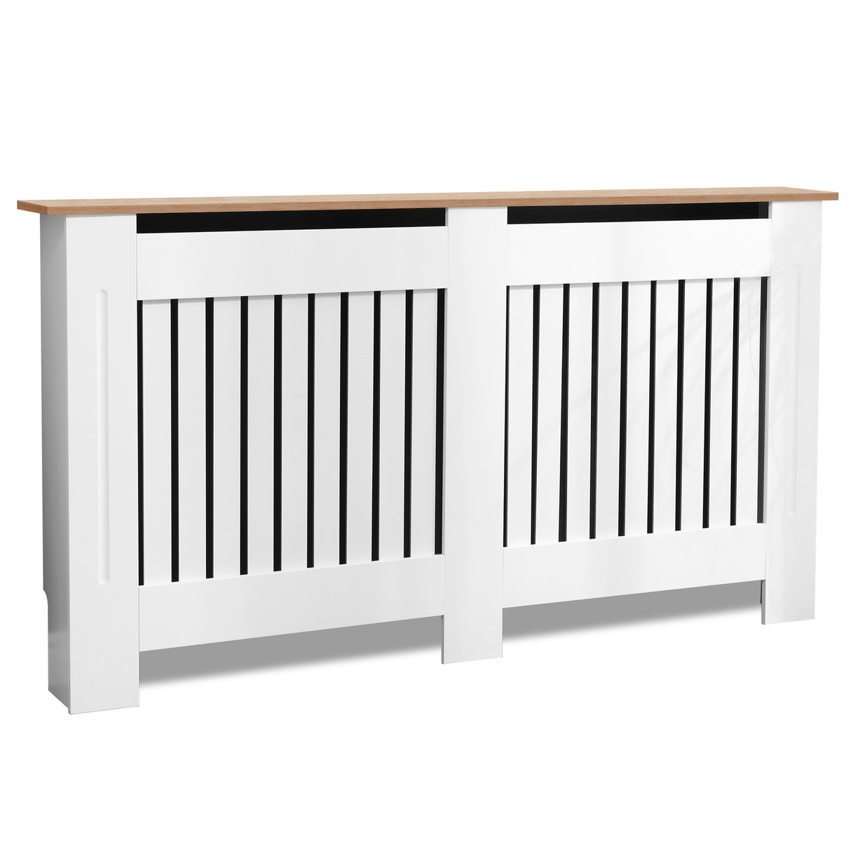 Radiator cover for kitchen with vertical slats, decorative and functional piece for home.