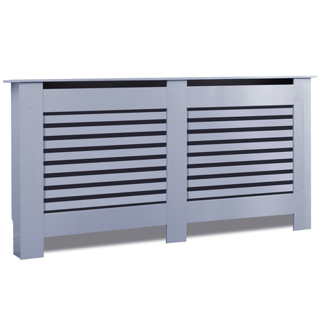 Radiator cover for sale, modern grey design with horizontal slats, ideal for heating systems.