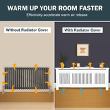 Comparison of a radiator with and without a cover, showing warm air release.