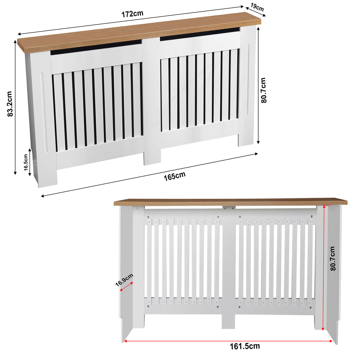 Radiator cover sizes uk with vertical slats, dimensions 172cm x 82cm x 19cm.