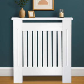 Chelsea White Radiator Cover with vertical wooden slats in small size, ideal for modern hallway or living room decor.