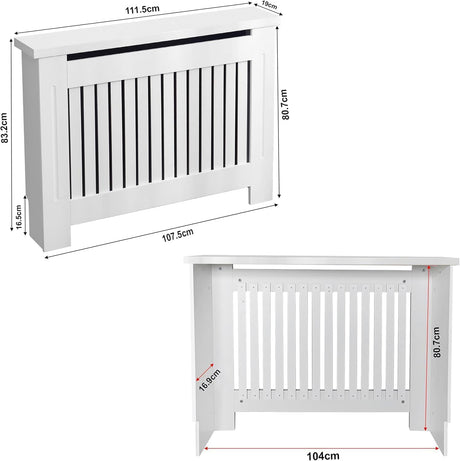 White radiator cover with dimensions on a white background