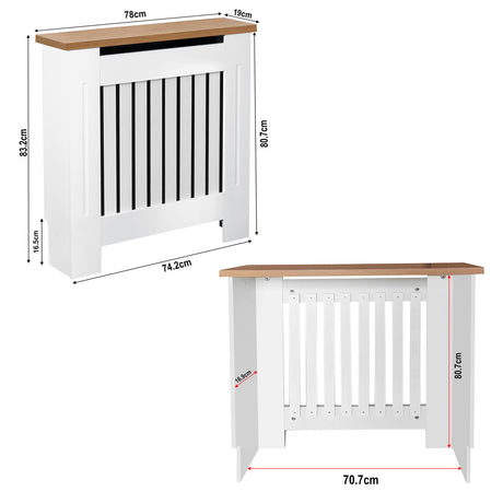 Radiator pipe covers white with slatted design and dimensions 83.2cm x 78cm x 19cm.