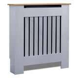 Grey radiator pipe cover with slatted design and wooden top, perfect for concealing.