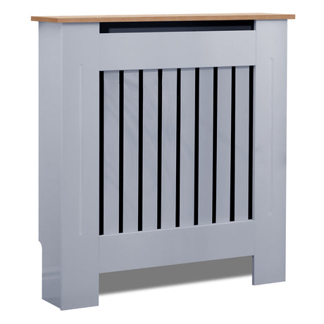 Grey radiator pipe cover with slatted design and wooden top, perfect for concealing.