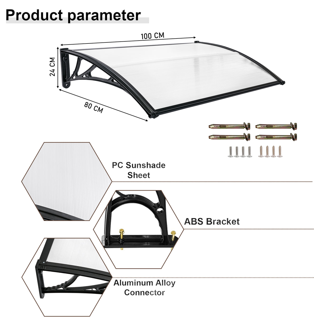 Rain canopy for door with product parameters, including dimensions (100cm x 80cm x 24cm)