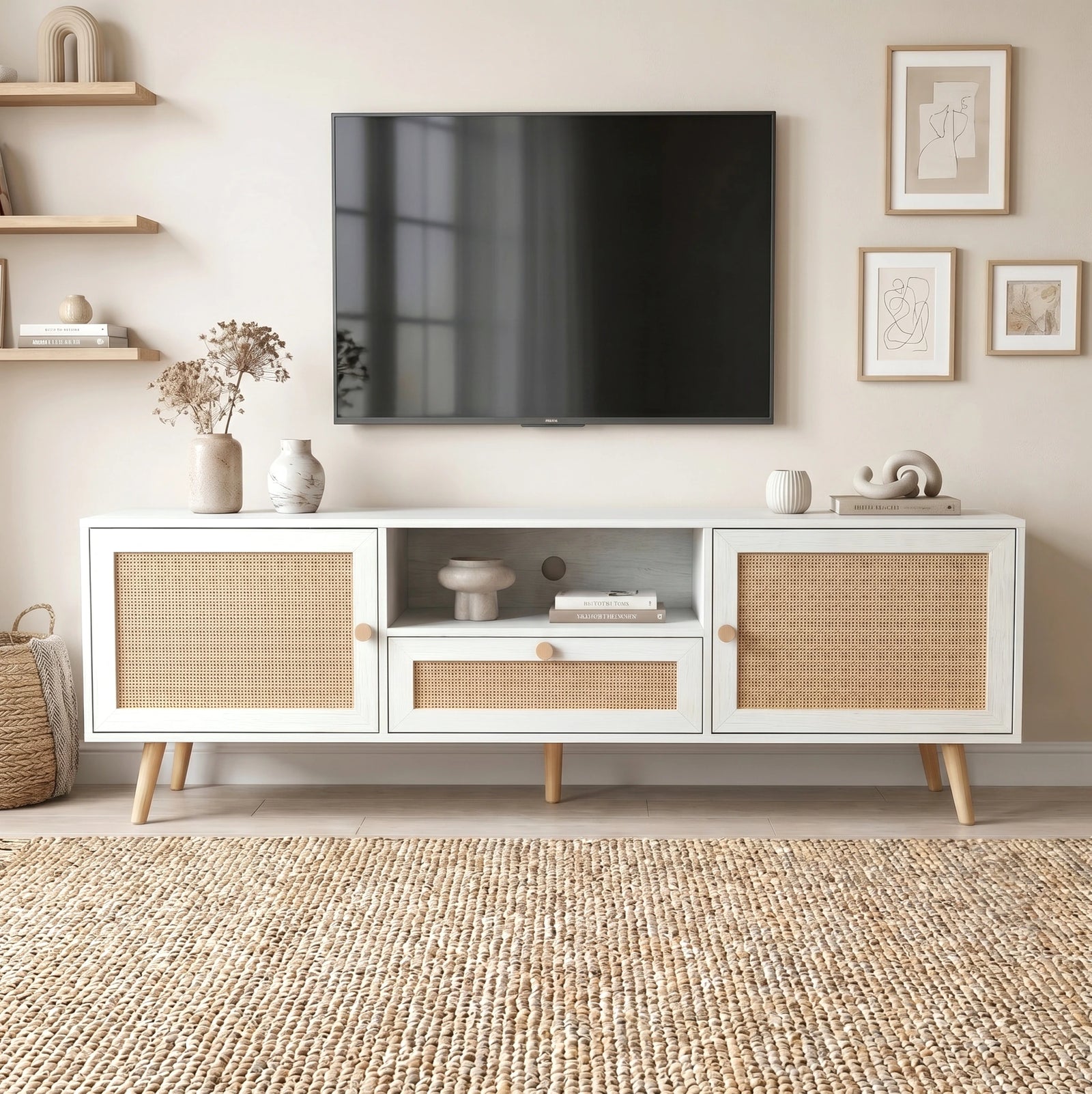 [White] Wovena Rattan TV Unit 160cm shown straight-on with ceramic vases, dried flowers, and gallery wall art above a wall-mounted television