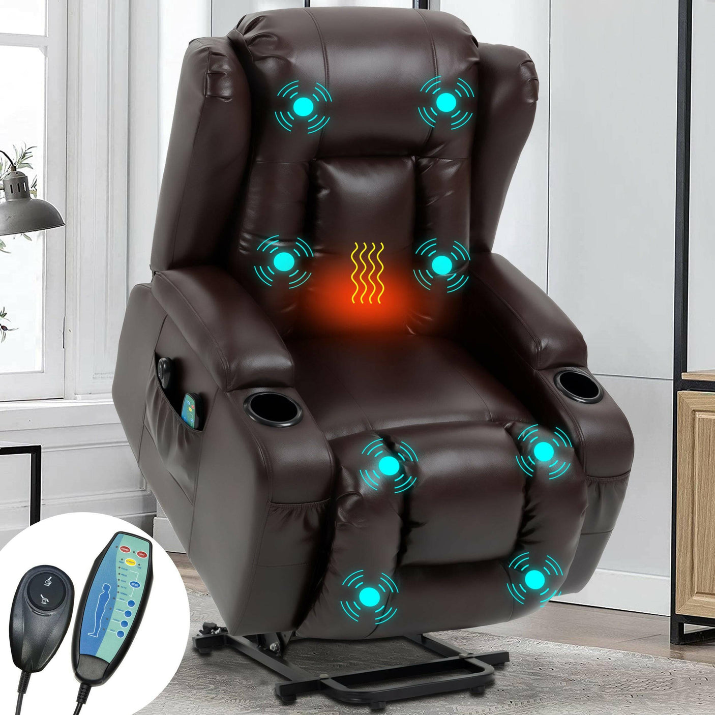 Brown leather electric riser recliner chair with heat and massage. Includes remote control and cup holders for elderly relaxation.