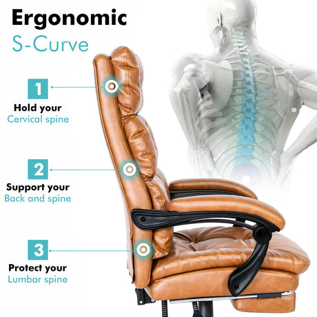 Real leather executive office chair with ergonomic S-curve design to protect cervical spine.