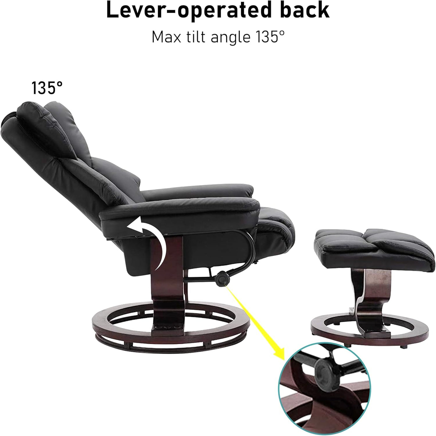 Recliner Swivel Armchair With Footstool | Lounge Chair showing 135° lever-operated reclining function for personalized comfort and support.