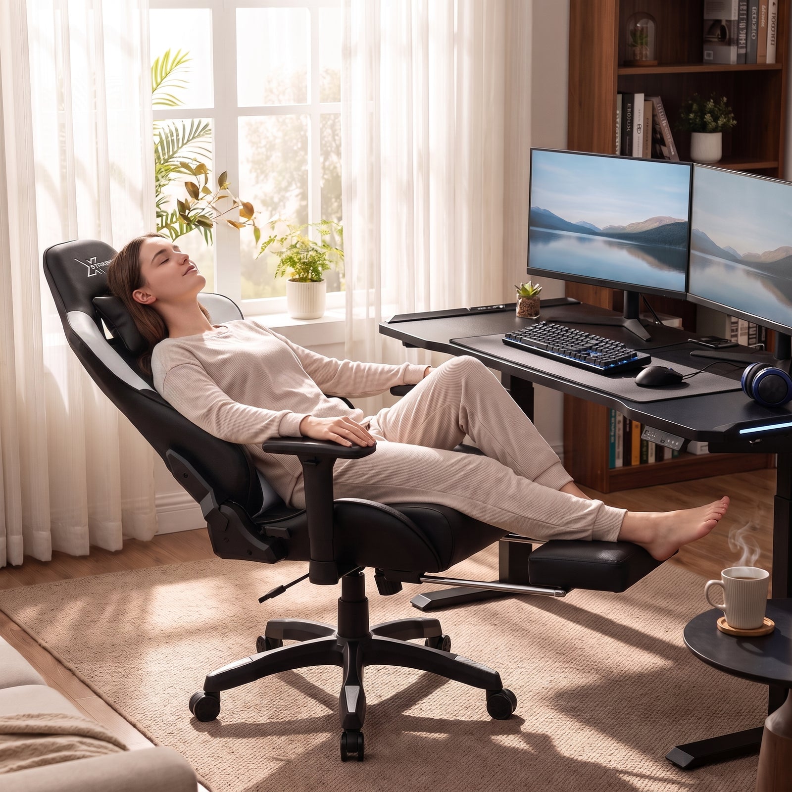 [Black + White] A woman relaxing on the reclined Ergonomic Gaming Chair with Footrest extended.