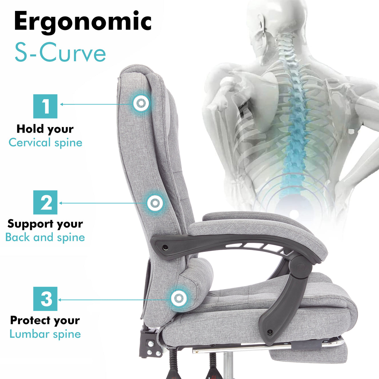 Recliner and swivel chair with ergonomic S-curve design for superior lumbar support and comfort.