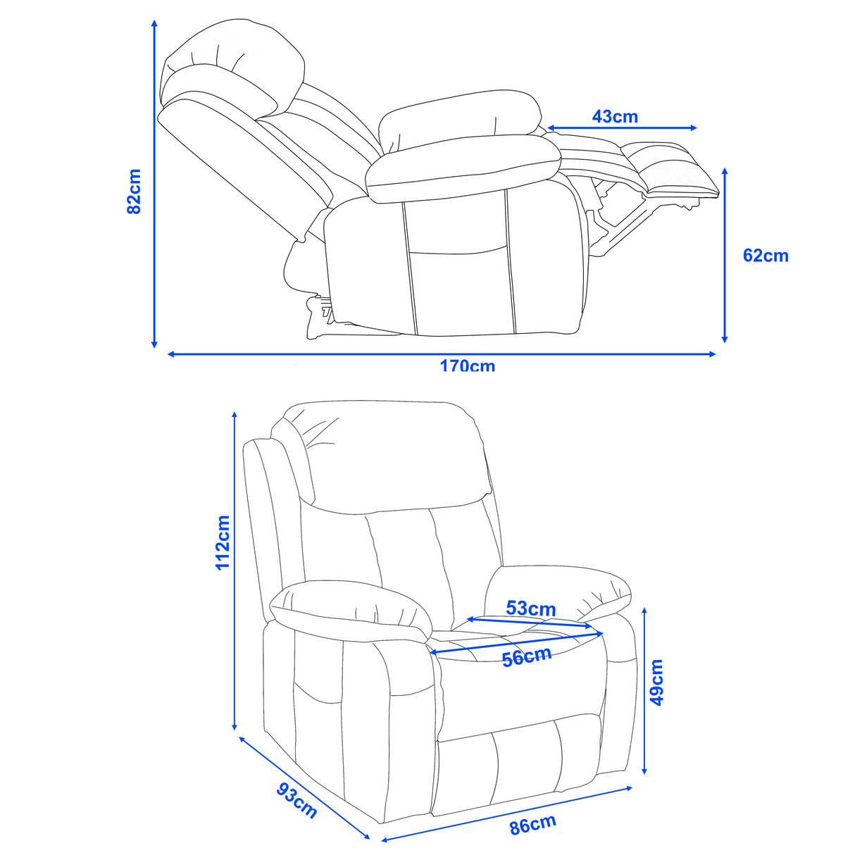 Dimensions of a recliner chair shown with blue lines and measurements on a white background