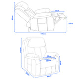 Dimensions of a recliner chair shown with blue lines and measurements on a white background