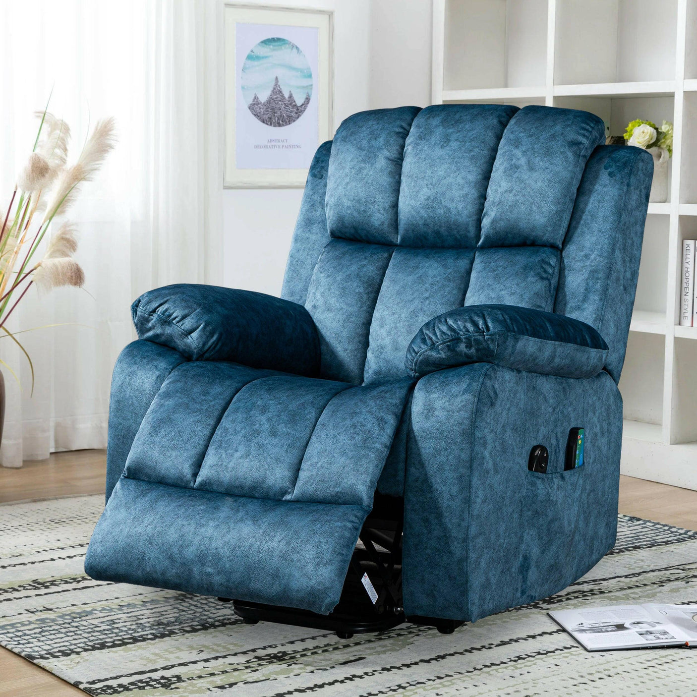 Blue velvet electric recliner chair with side control panel, ideal for living rooms and elderly users seeking comfort and massage therapy.
