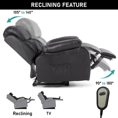 Recliner armchair sale with black leather, side pocket, and comfortable cushioning.