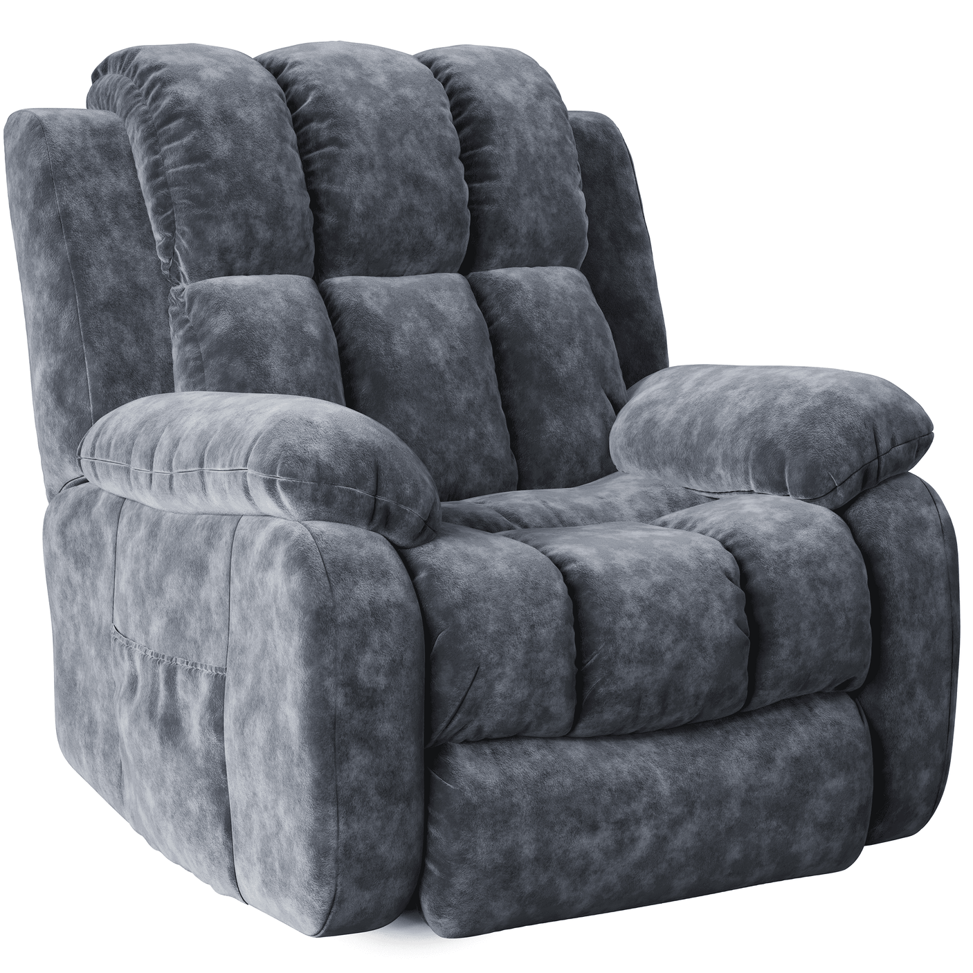 Grey velvet electric recliner chair with plush cushioning and side pocket, ideal for living room relaxation and elderly assistance.