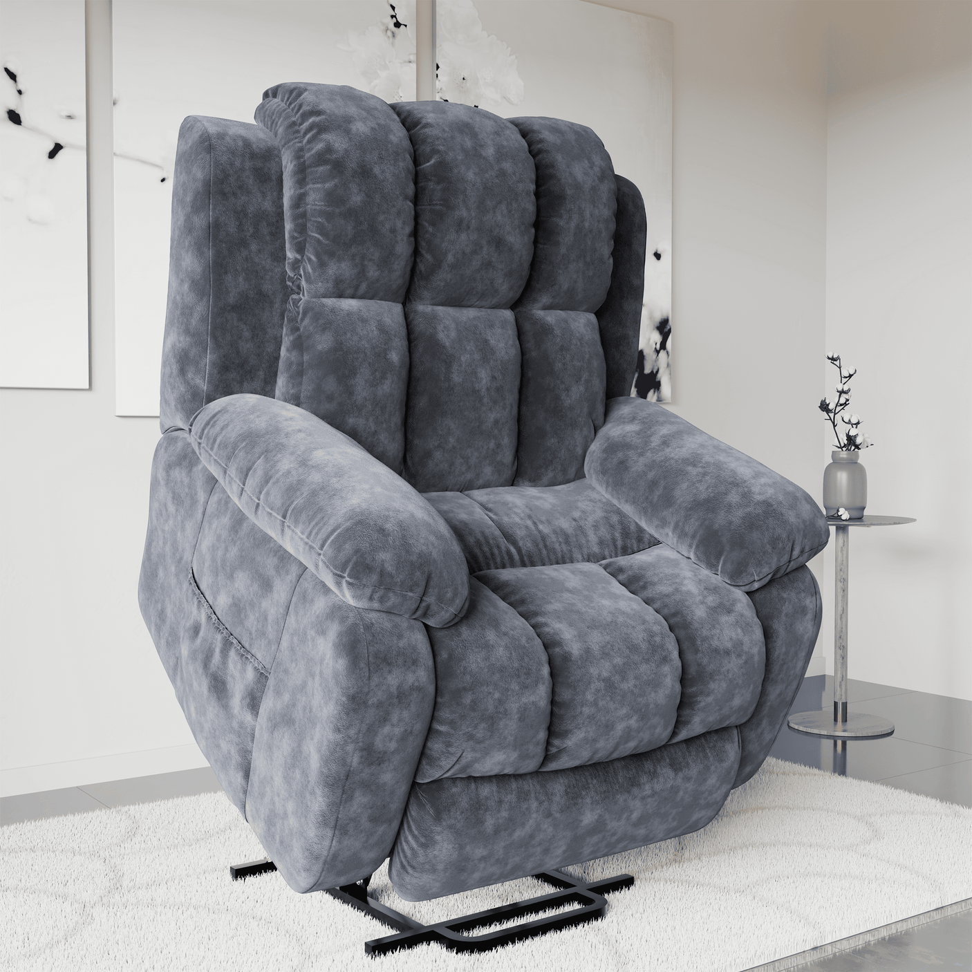 Velvet Recliner Chair | Riser Armchair With Heat And Massage in plush grey velvet, featuring thick cushions and electric lift mechanism for elderly support.