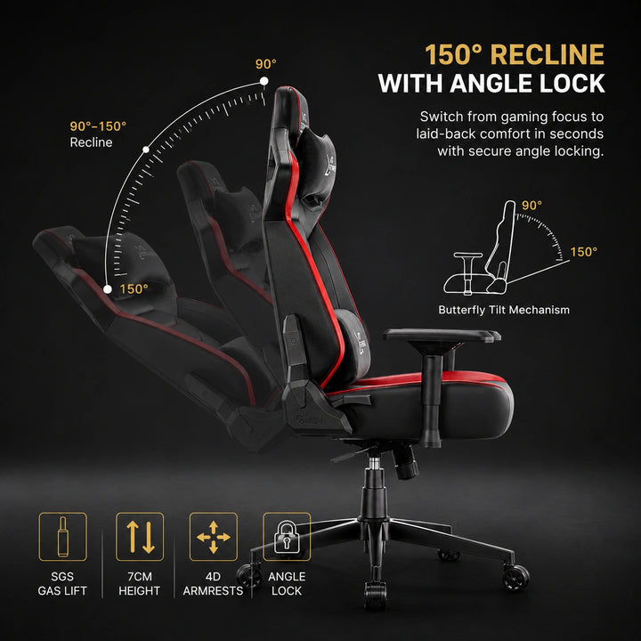 [Black + Red] gaming chair with features like 150° recline with angle lock, tilt mechanism, SGS gas lift, 7cm height, 4D armrests, and angle lock.