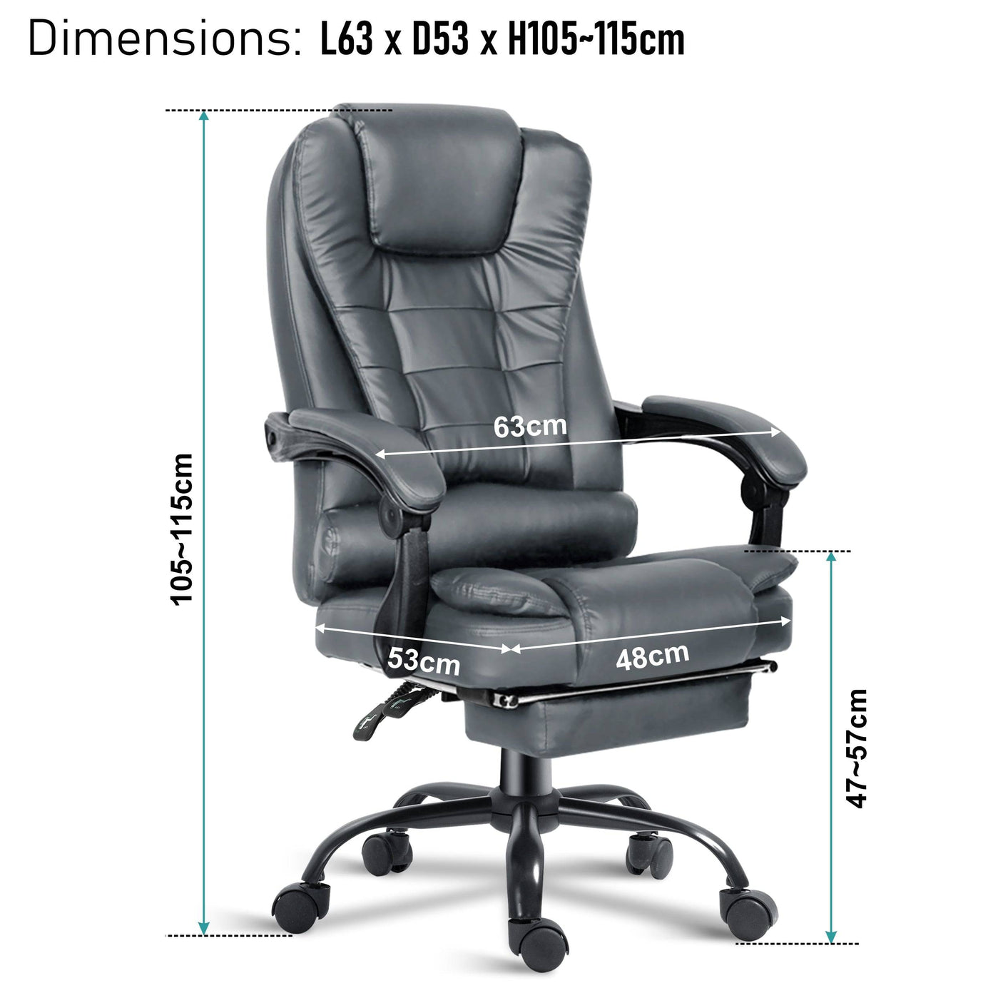 Recliner chair dimensions 63cm x 53cm x 105-115cm, offering comfort and relaxation.