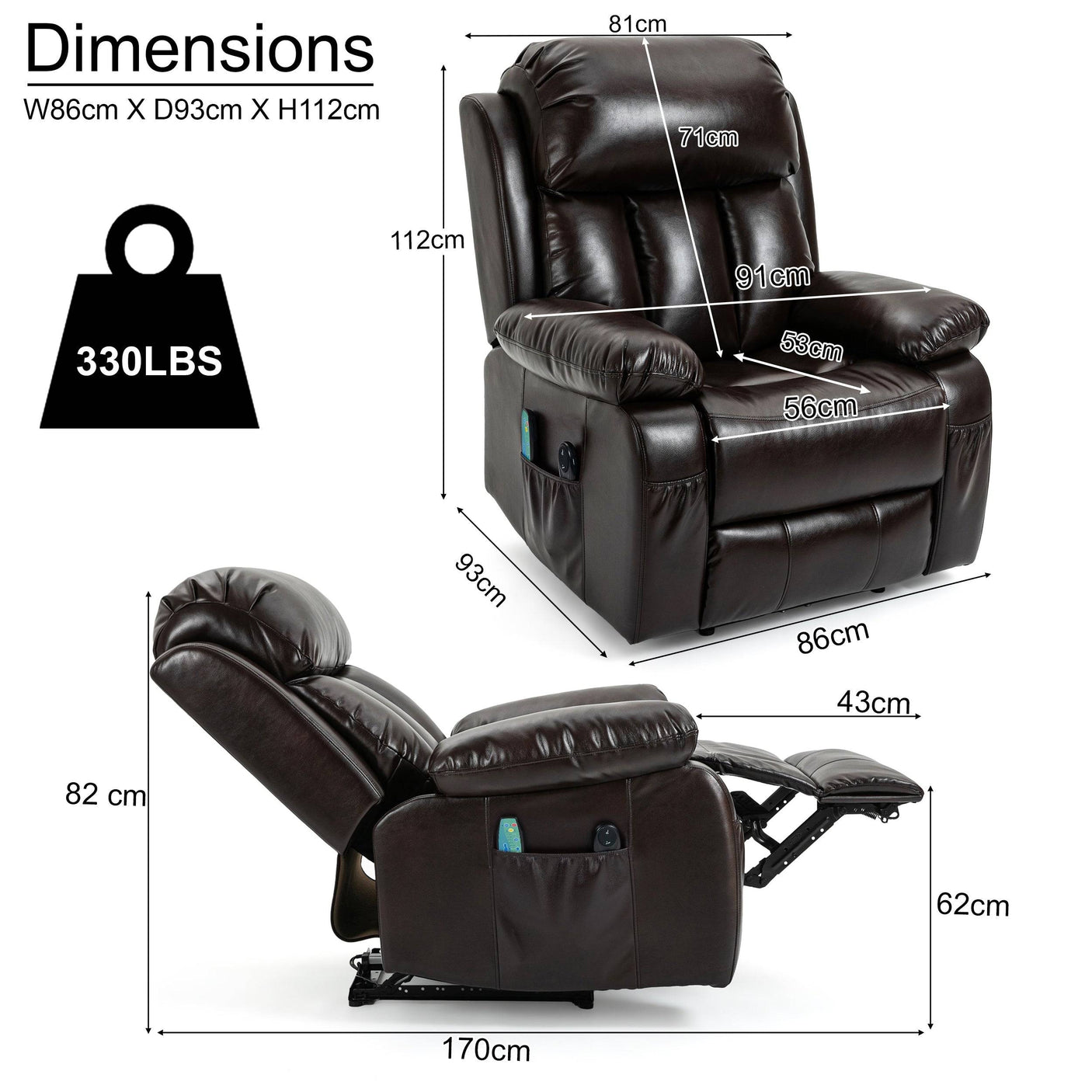 Dimensions of brown electric recliner chair: 86cm width, 93cm depth, 112cm height, supports 330lbs, with extended recline and footrest.
