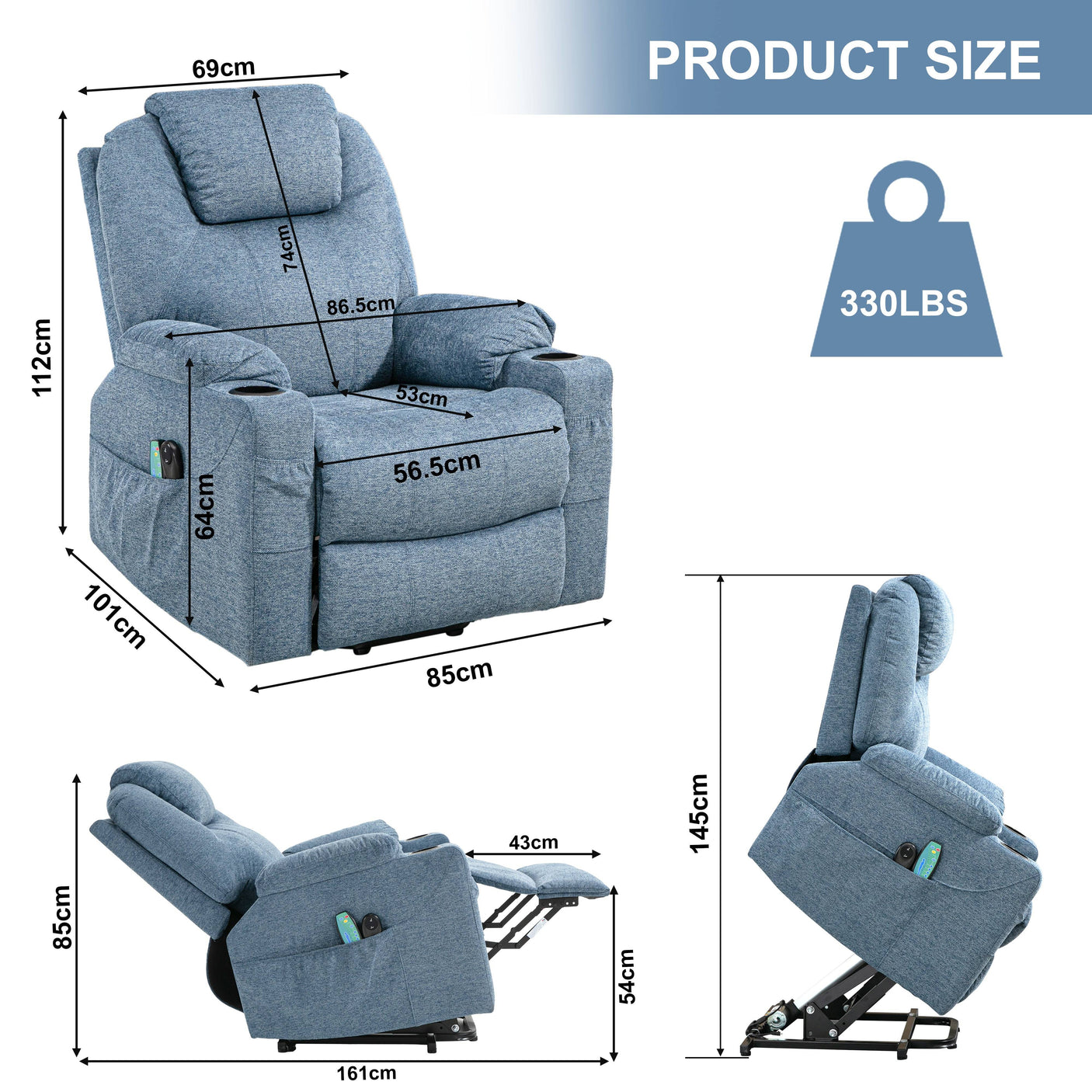 Blue riser recliner chair with detailed dimensions and 330 lbs capacity, showing seat height, width, and recline range.