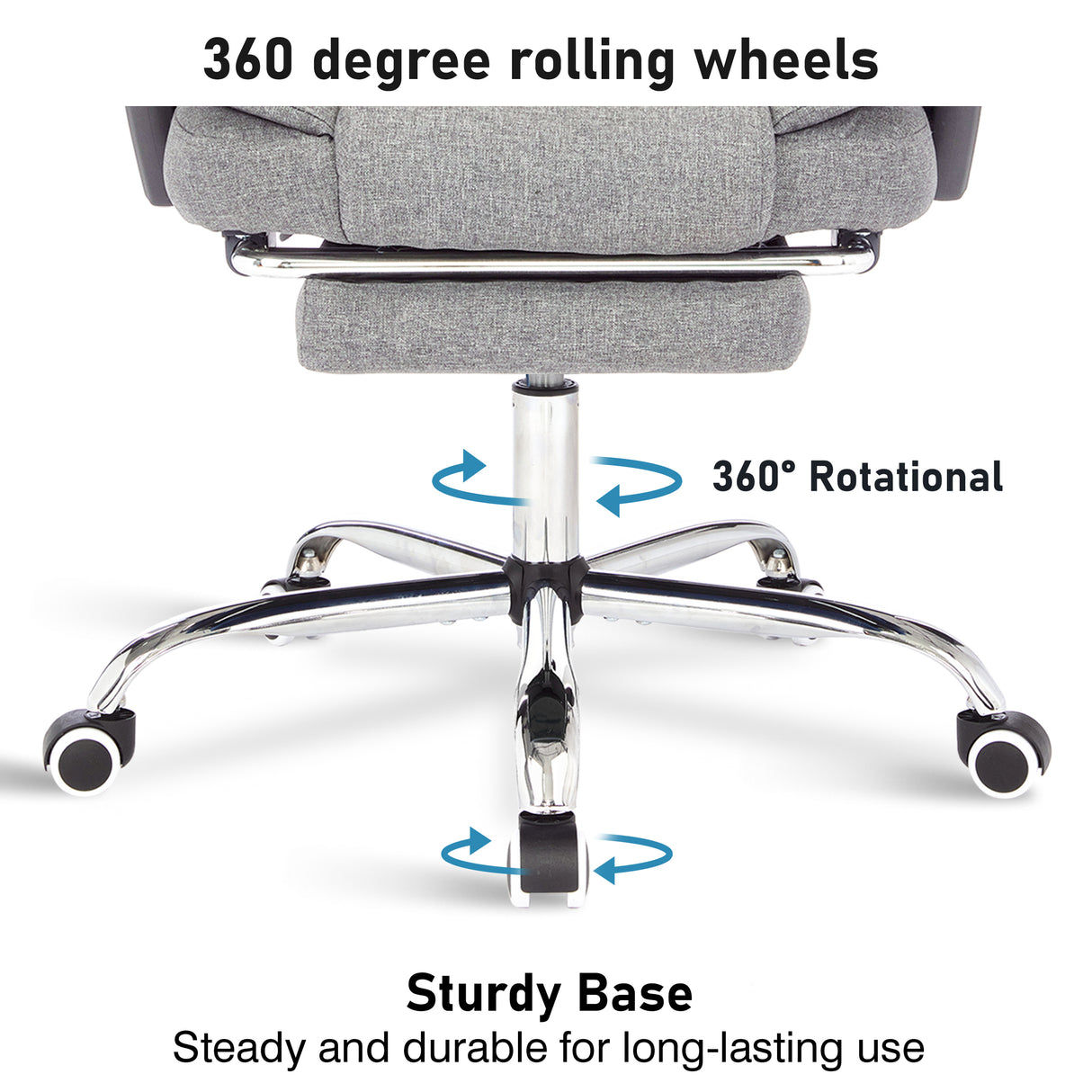 Recliner chair with swivel base and 360-degree rolling wheels for easy mobility.