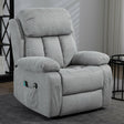 Recliner chair with massage and heat in grey fabric, featuring side storage pockets.