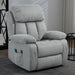 Recliner chair with massage and heat in grey fabric, featuring side storage pockets.