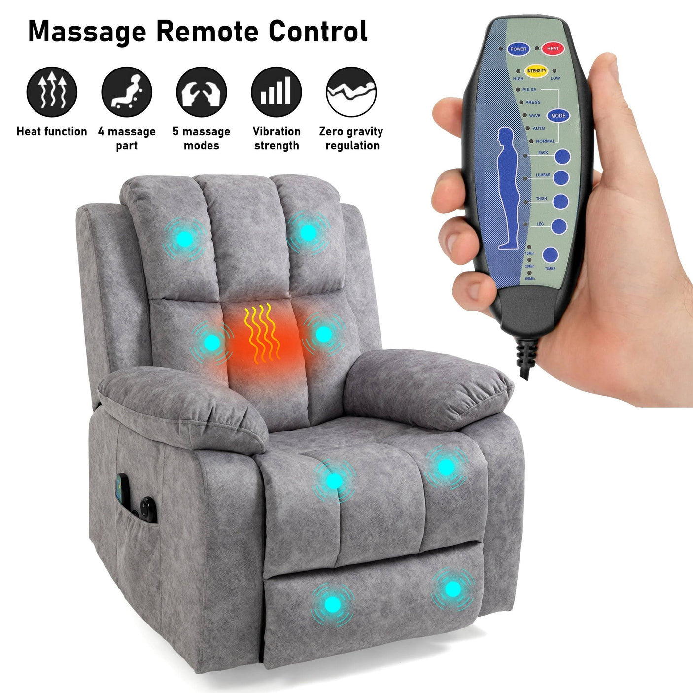 Massage remote control for light grey recliner chair showing heat, vibration, and zero gravity settings for full-body relaxation.