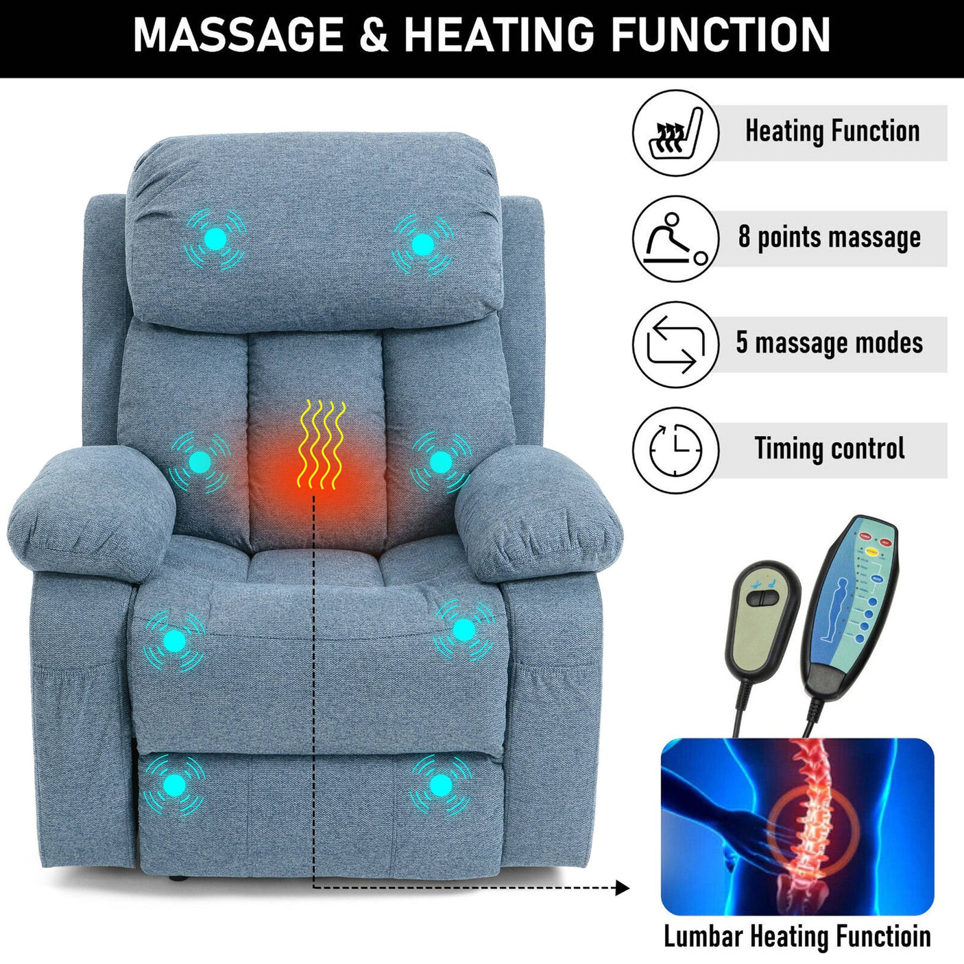 Blue massage recliner chair with lumbar heating, 8-point massage, 5 modes, and timer function. Includes ergonomic remote control.