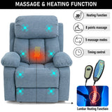 Blue massage recliner chair with lumbar heating, 8-point massage, 5 modes, and timer function. Includes ergonomic remote control.