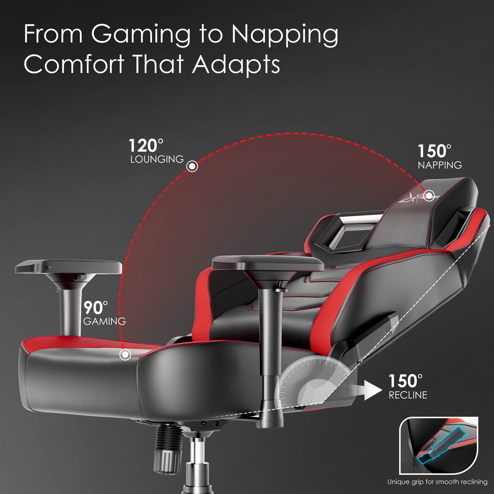 [Black + Red] Xstriker recliner gaming chair racing design reclines from 90° to 150°, featuring 4D armrests and lumbar support for gaming or napping comfort.