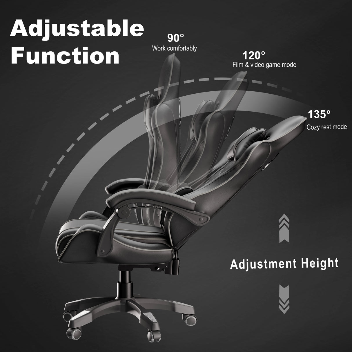 Ergonomic gaming chair with lumbar support and padded armrest in black, showcasing adjustable recline angles from 90° to 135° for work, gaming, and rest modes.