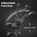 Ergonomic gaming chair with lumbar support and padded armrest in black, showcasing adjustable recline angles from 90° to 135° for work, gaming, and rest modes.