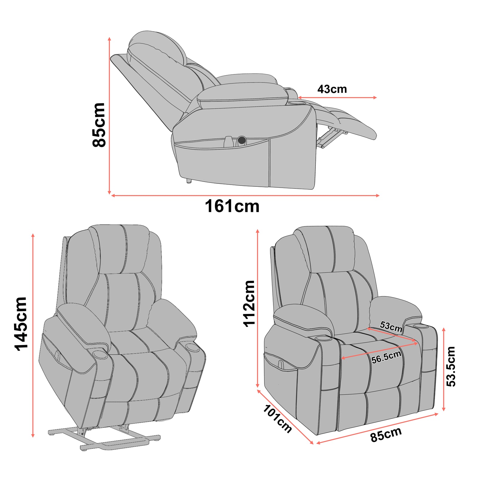 [Blue] Blue recliner chair with dimensions labeled on a white background