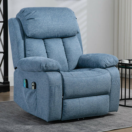 Blue Gray recliner massage chair with heat function, padded cushions, and side pockets.