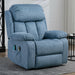 Blue Gray recliner massage chair with heat function, padded cushions, and side pockets.